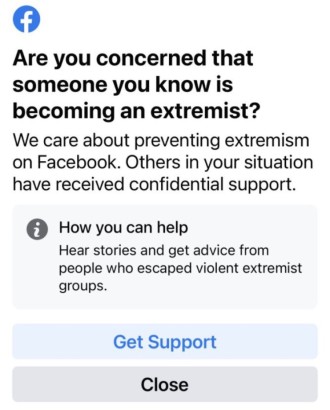 Facebook prueba advertencia a usuarios extremistas y a quienes los conocen