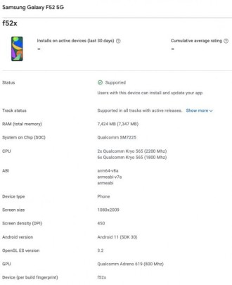 Galaxy F52 surge sin Google Play Console con Snapdragon 750G y 8GB de RAM